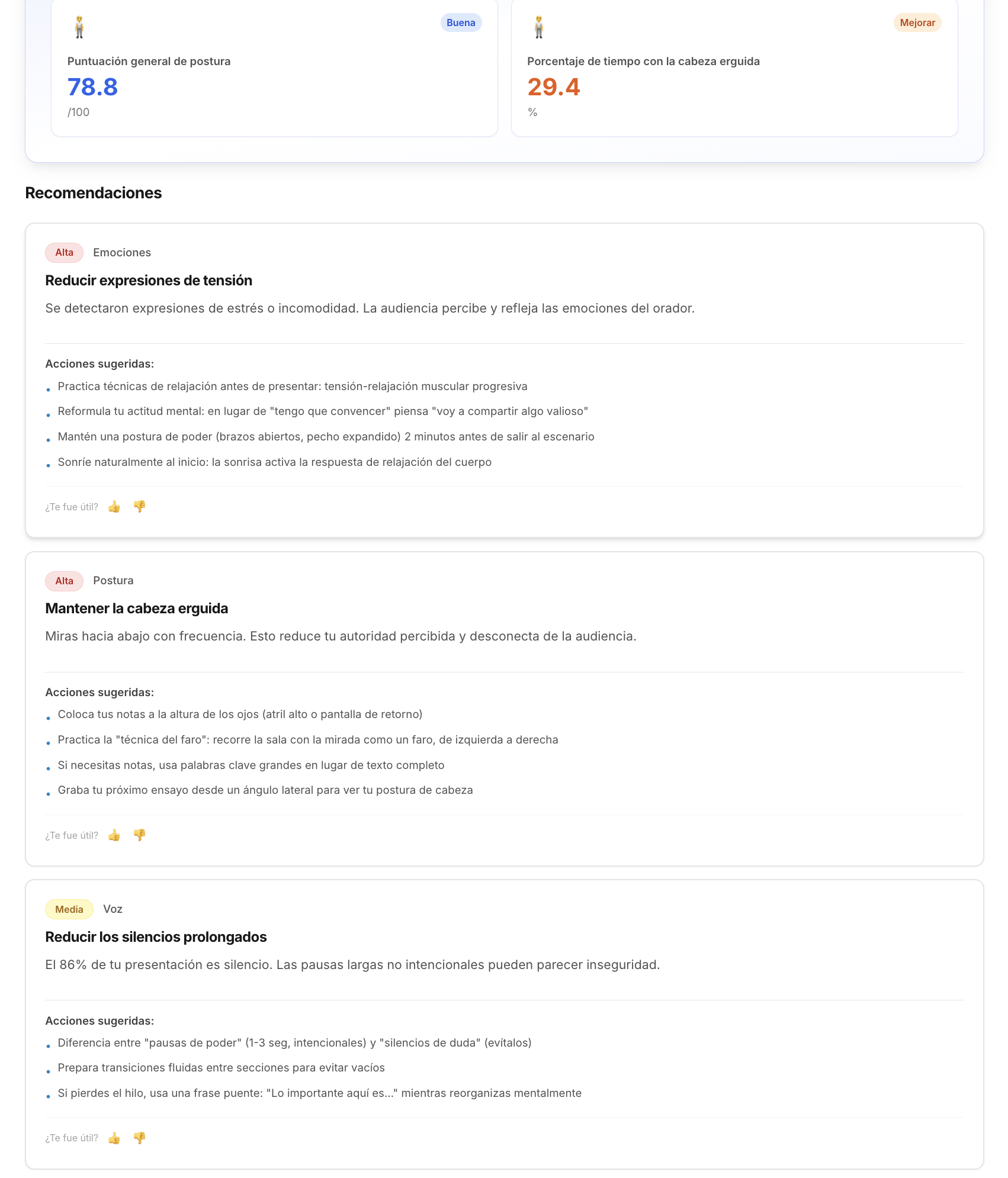 Recomendaciones personalizadas de Speakly con acciones sugeridas